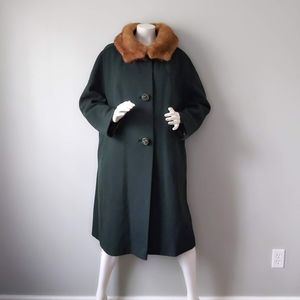 Vintage Rare Forest Textured Green Wool Mink Collar Swing Coat M L
